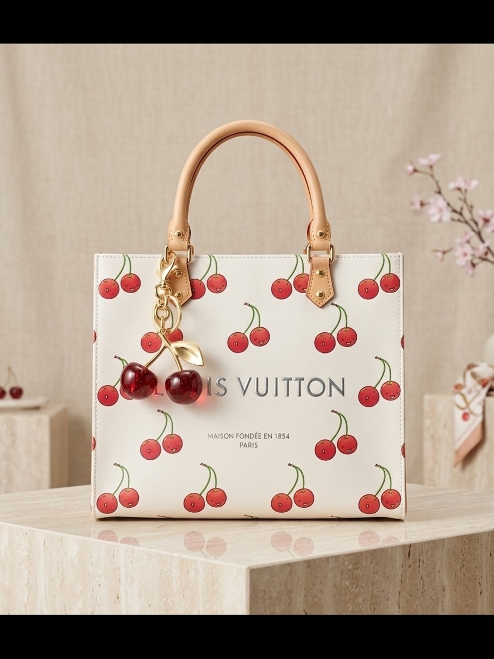 Louis Vuitton White Cherry-Print Leather Tote with Tan Handles